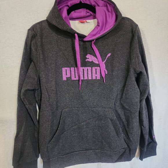 Womens PUMA Essentials Logo Hoodie Sz Lg Purple Gray Fleece Pullover Sweatshirt - Picture 1 of 11